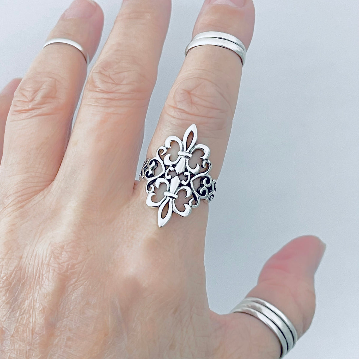 925 Sterling Silver Statement Double Fleur de Lis Ring | Saints Flower Lily Silver Rings