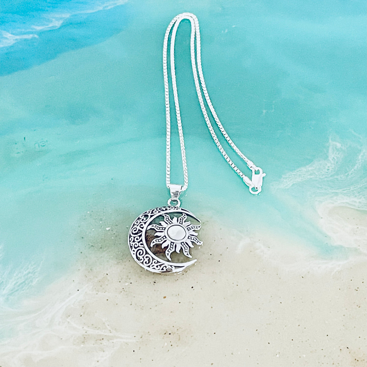 925 Sterling Silver Filigree Crescent Moon and Sun Necklace | Statement Celestial Pendant Chain