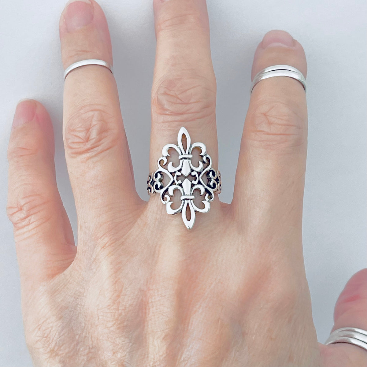 925 Sterling Silver Statement Double Fleur de Lis Ring | Saints Flower Lily Silver Rings