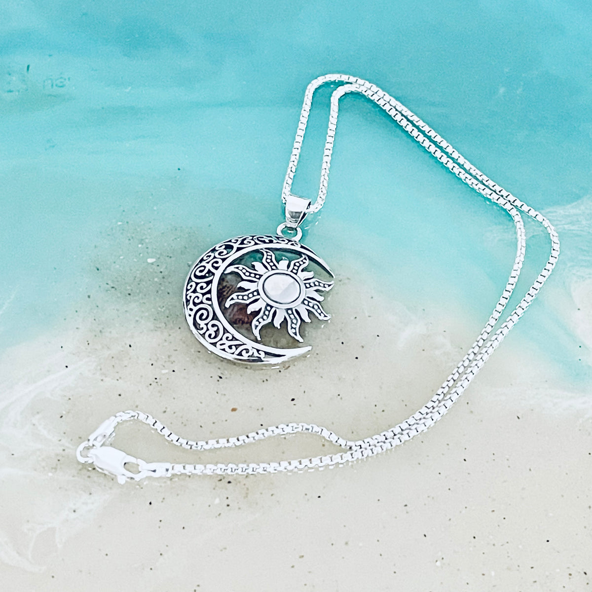 925 Sterling Silver Filigree Crescent Moon and Sun Necklace | Statement Celestial Pendant Chain
