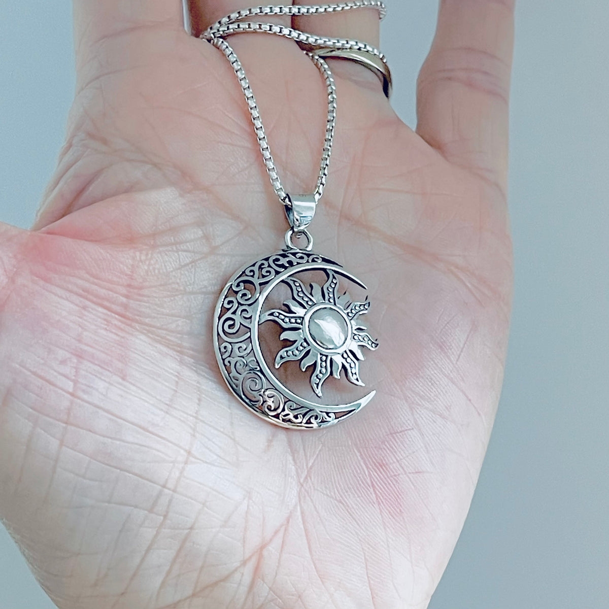 925 Sterling Silver Filigree Crescent Moon and Sun Necklace | Statement Celestial Pendant Chain