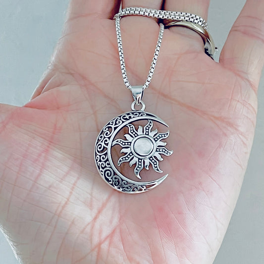 925 Sterling Silver Filigree Crescent Moon and Sun Necklace | Statement Celestial Pendant Chain