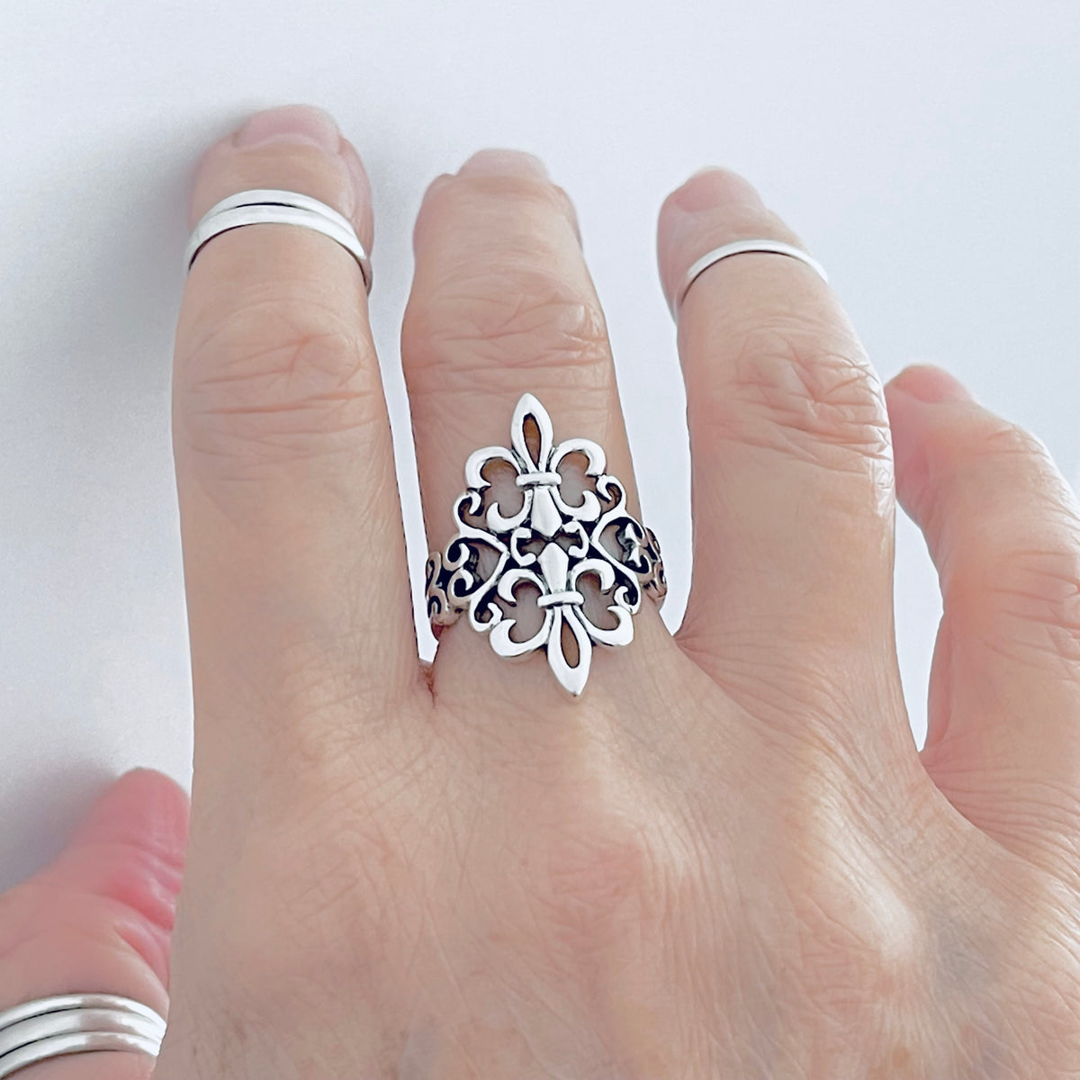 925 Sterling Silver Statement Double Fleur de Lis Ring | Saints Flower Lily Silver Rings