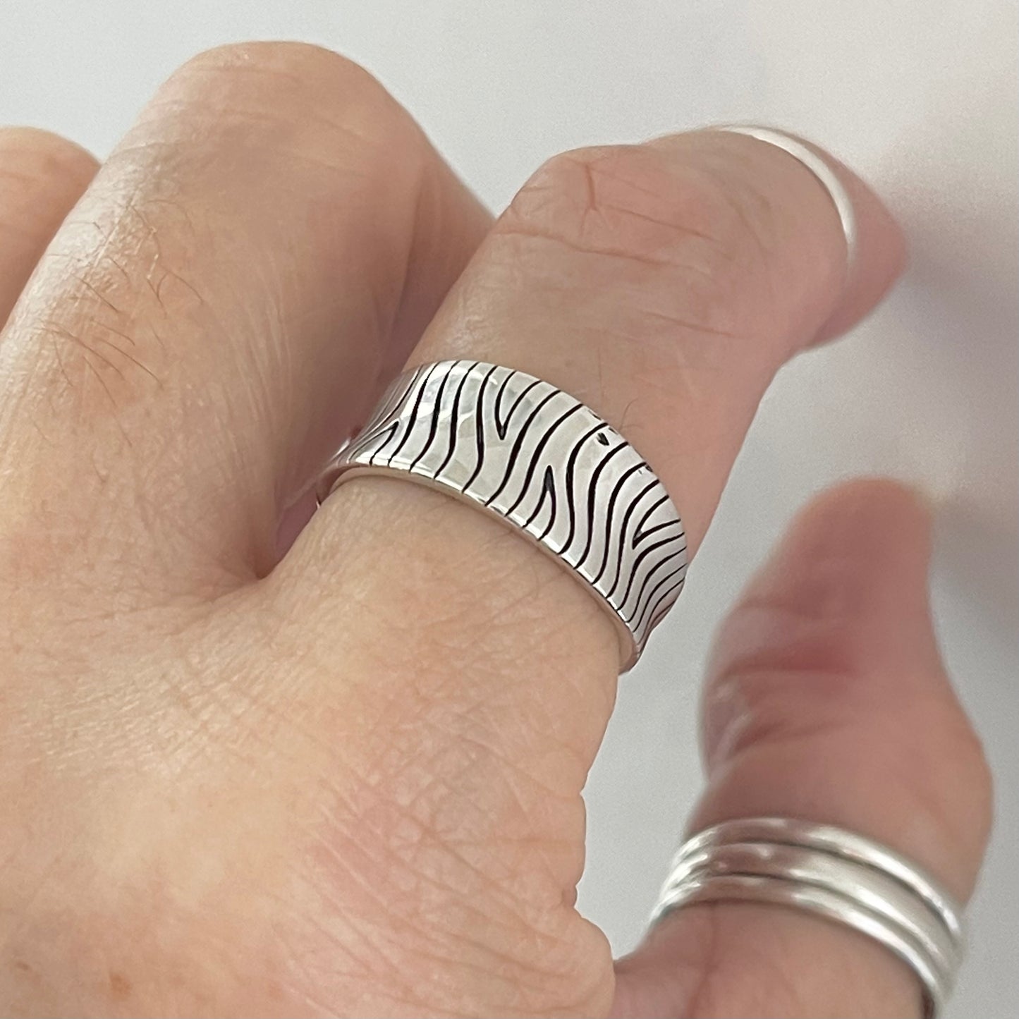 Sterling Silver Zebra Concave Ring, Silver Design Band, Silver Rings