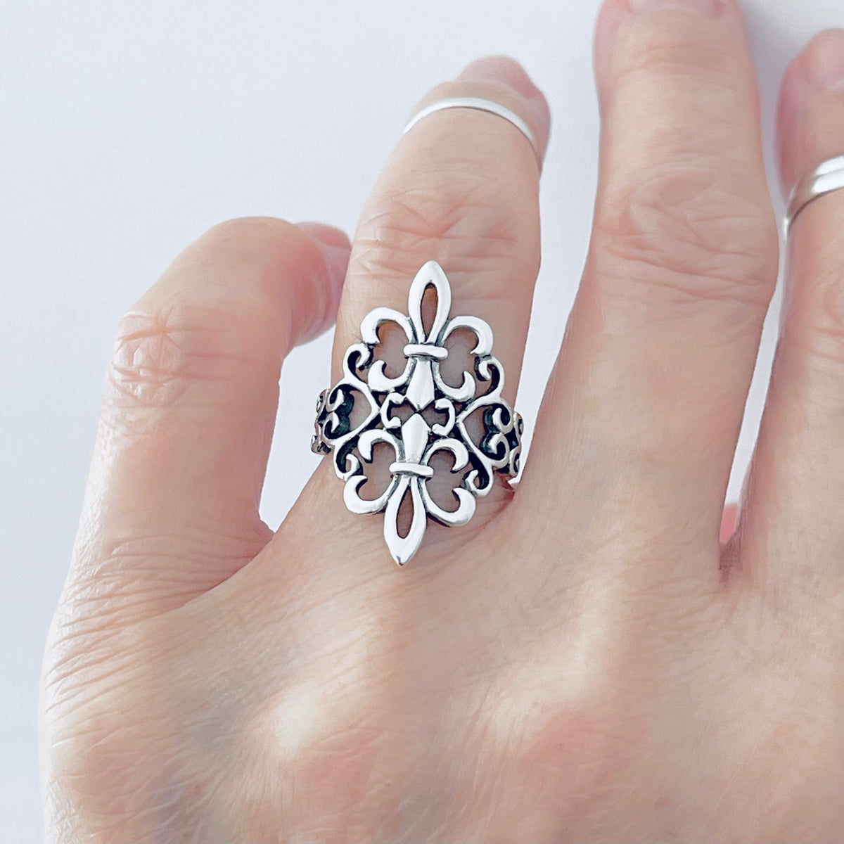925 Sterling Silver Statement Double Fleur de Lis Ring | Saints Flower Lily Silver Rings
