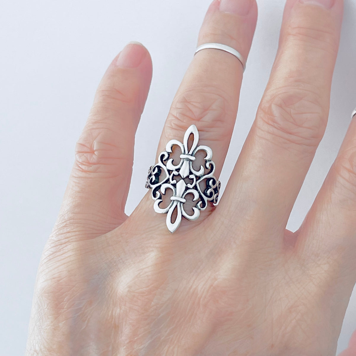 925 Sterling Silver Statement Double Fleur de Lis Ring | Saints Flower Lily Silver Rings