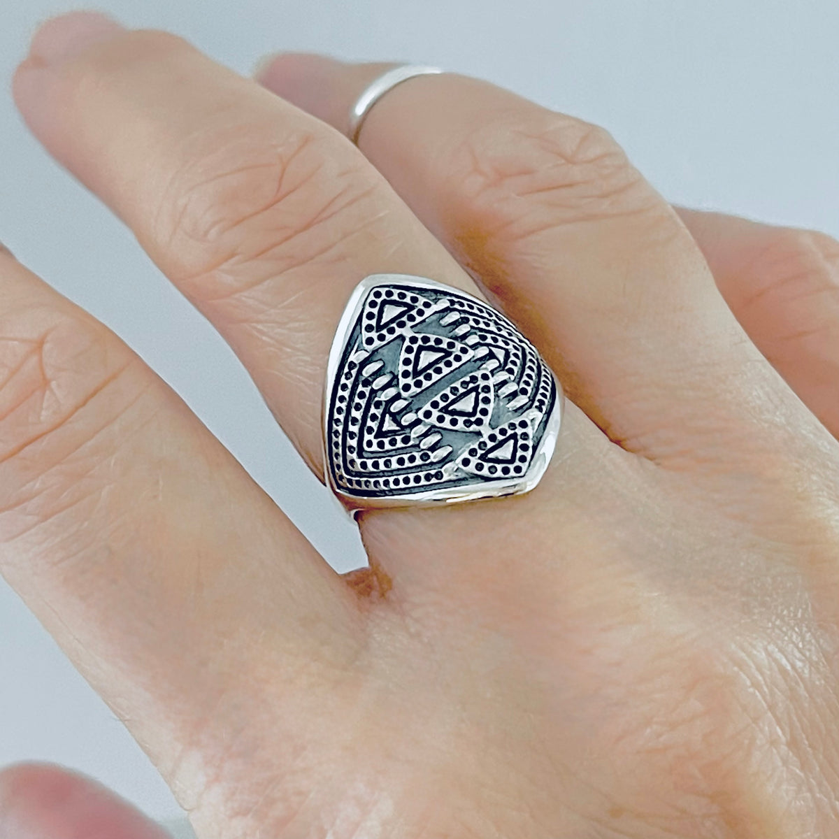 925 Sterling Silver Aztec Shield Ring - Geometric Statement Design