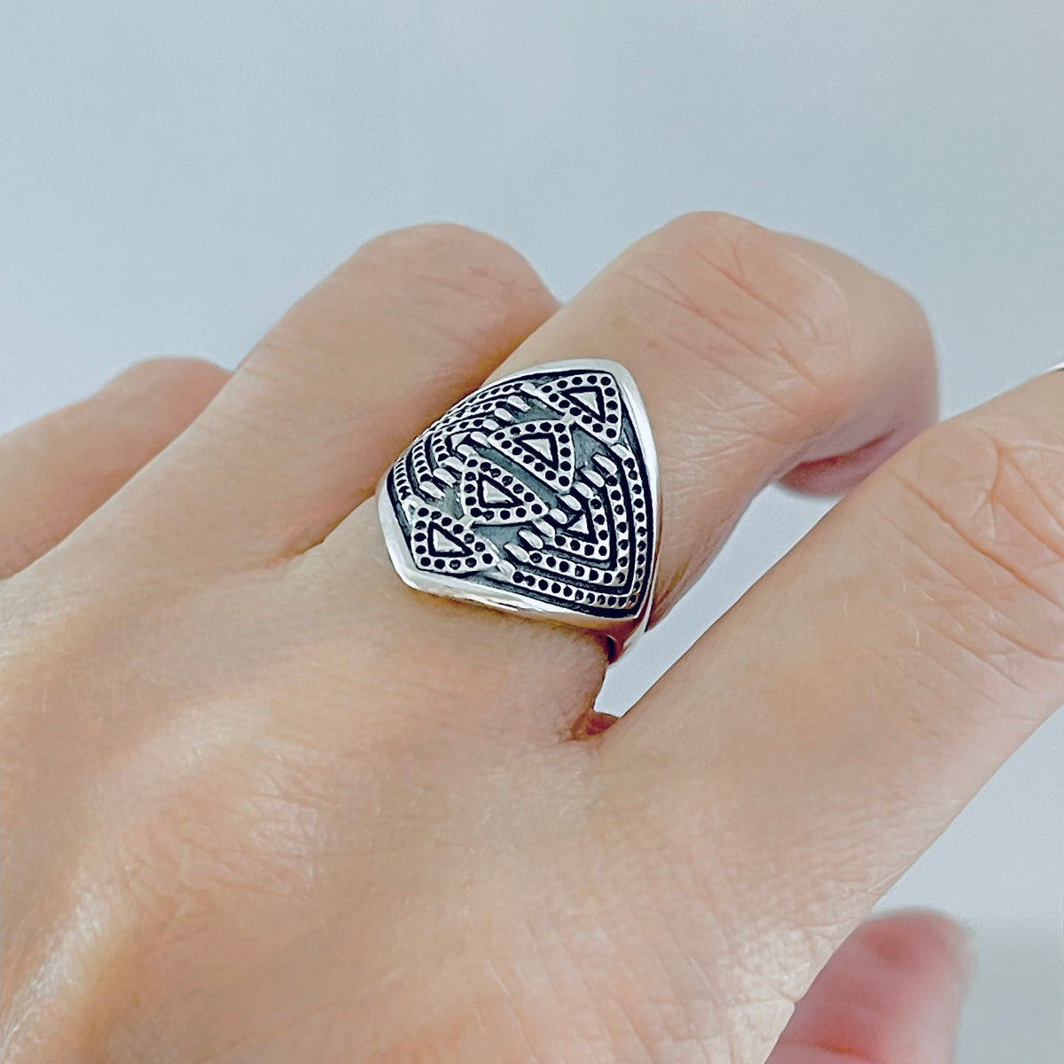 925 Sterling Silver Aztec Shield Ring - Geometric Statement Design
