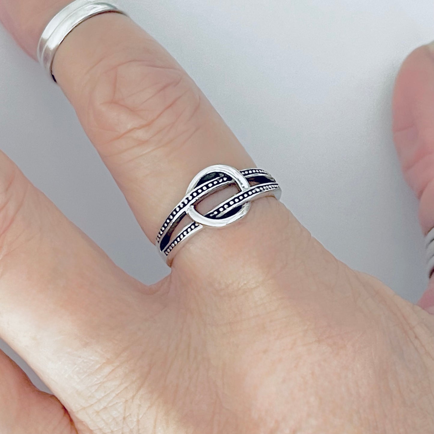 925 Sterling Silver Double Dot Line Loop Through Open Circle Ring | Halo Knot Silver Rings