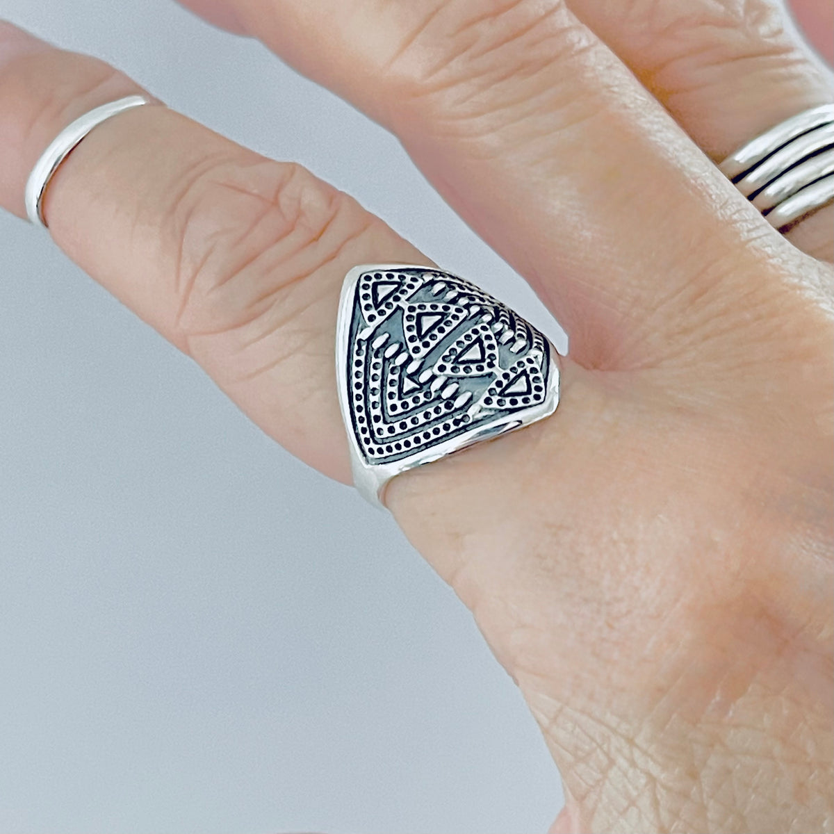 925 Sterling Silver Aztec Shield Ring - Geometric Statement Design