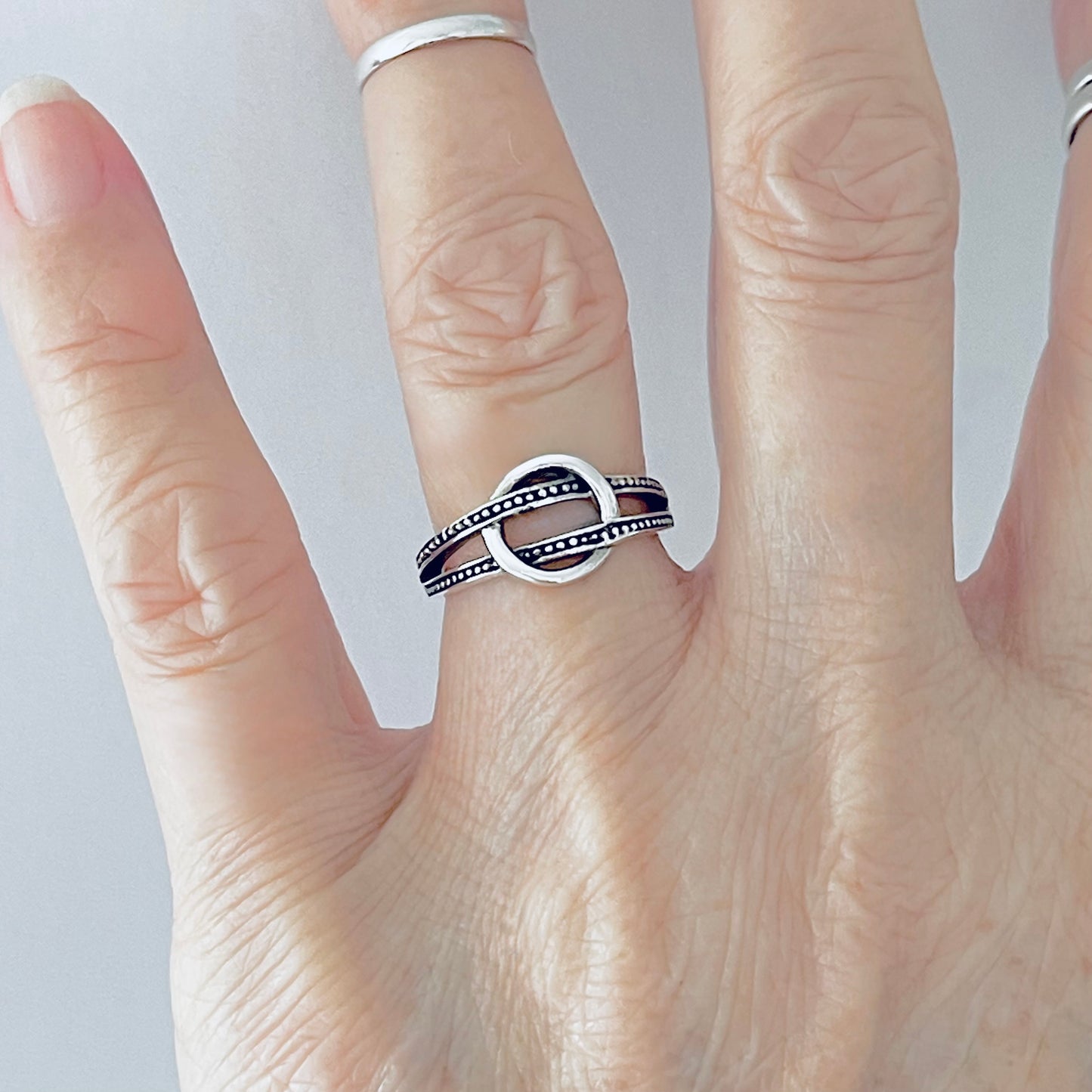 925 Sterling Silver Double Dot Line Loop Through Open Circle Ring | Halo Knot Silver Rings