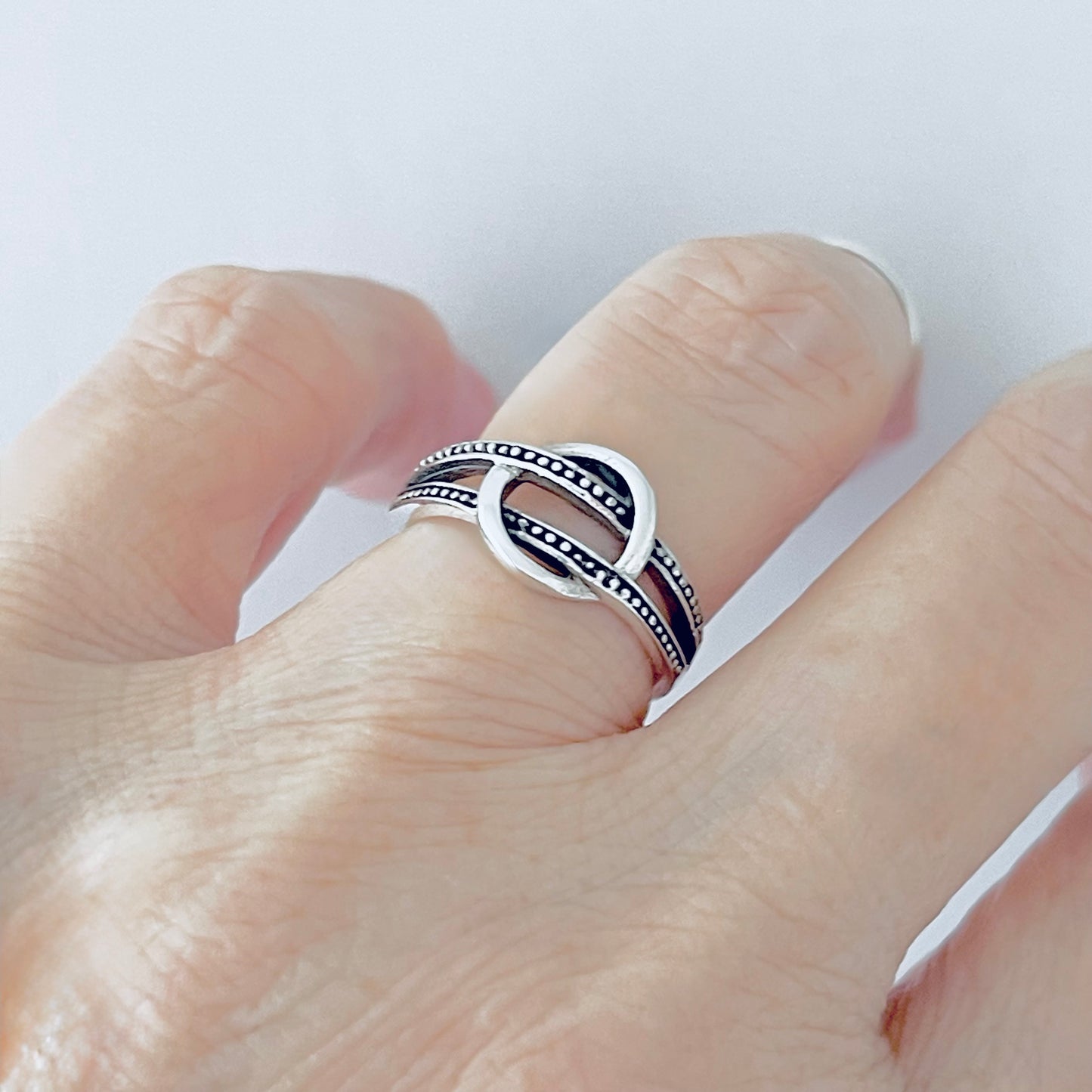925 Sterling Silver Double Dot Line Loop Through Open Circle Ring | Halo Knot Silver Rings