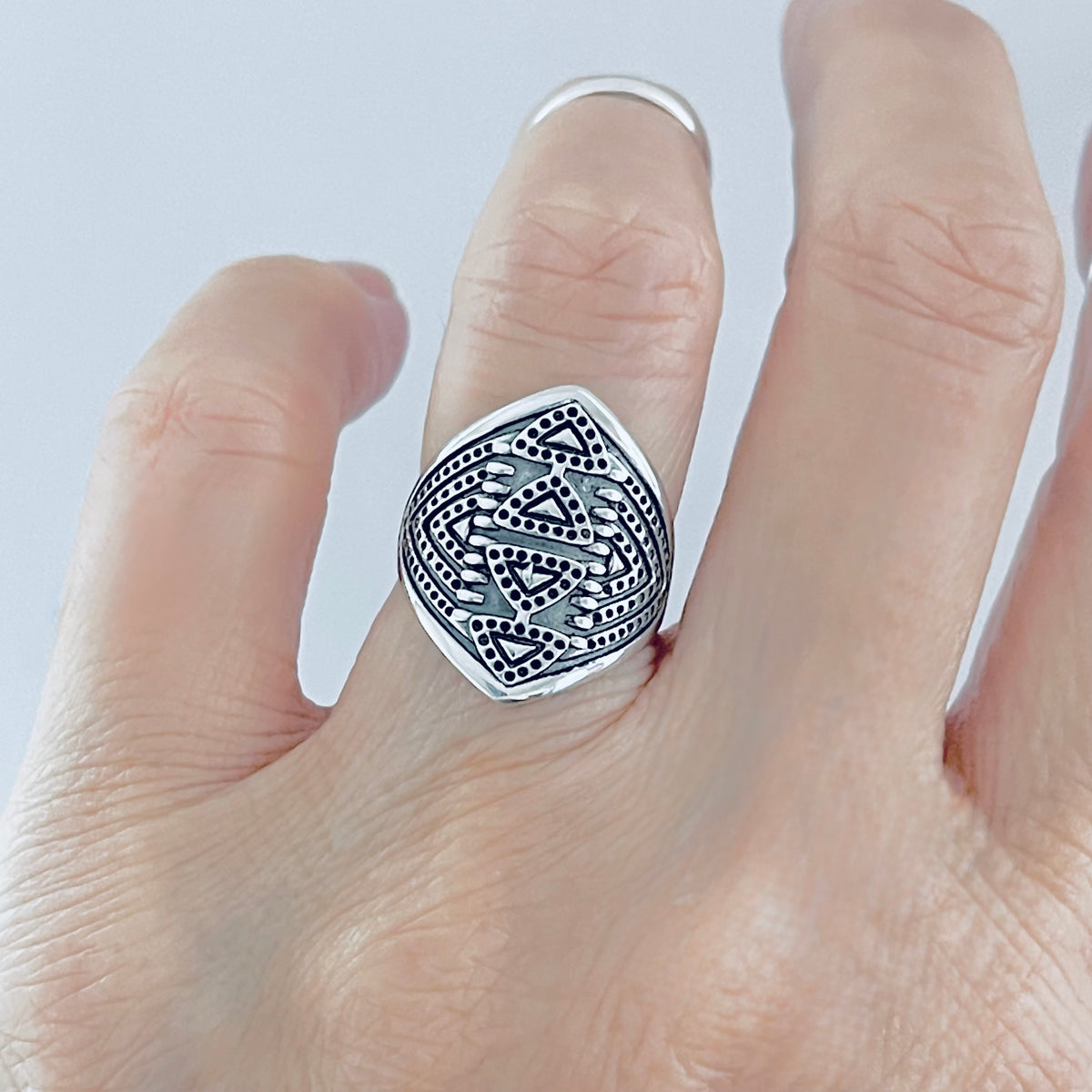 925 Sterling Silver Aztec Shield Ring - Geometric Statement Design