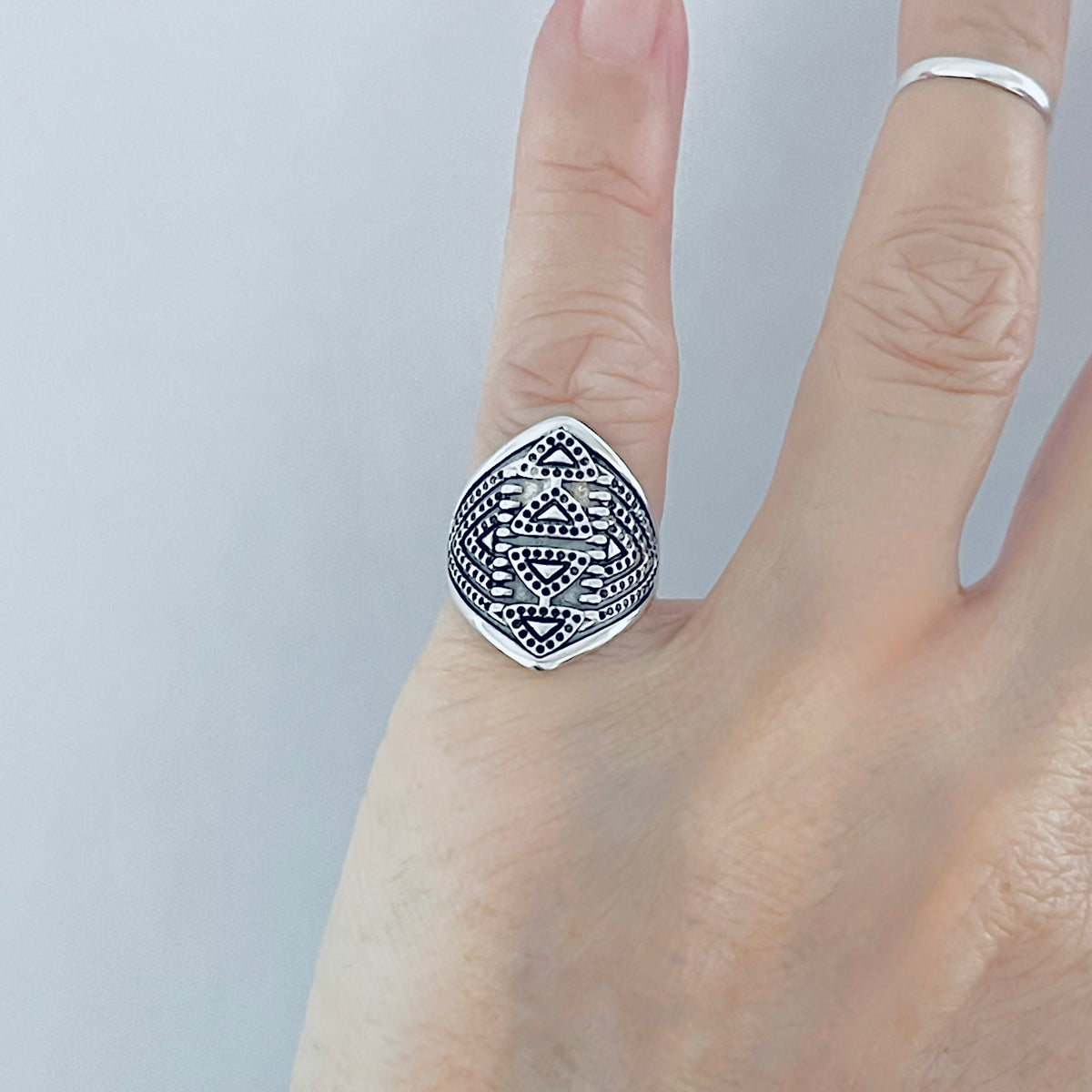 925 Sterling Silver Aztec Shield Ring - Geometric Statement Design