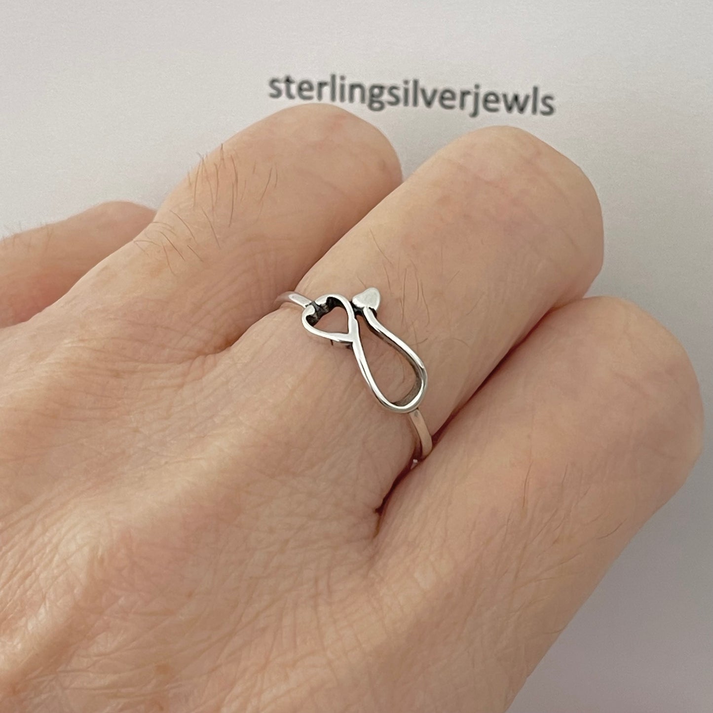 Sterling Silver Small Sideway Heart Stethoscope Ring, Doctor and Nurse Silver Ring, Medical Ring