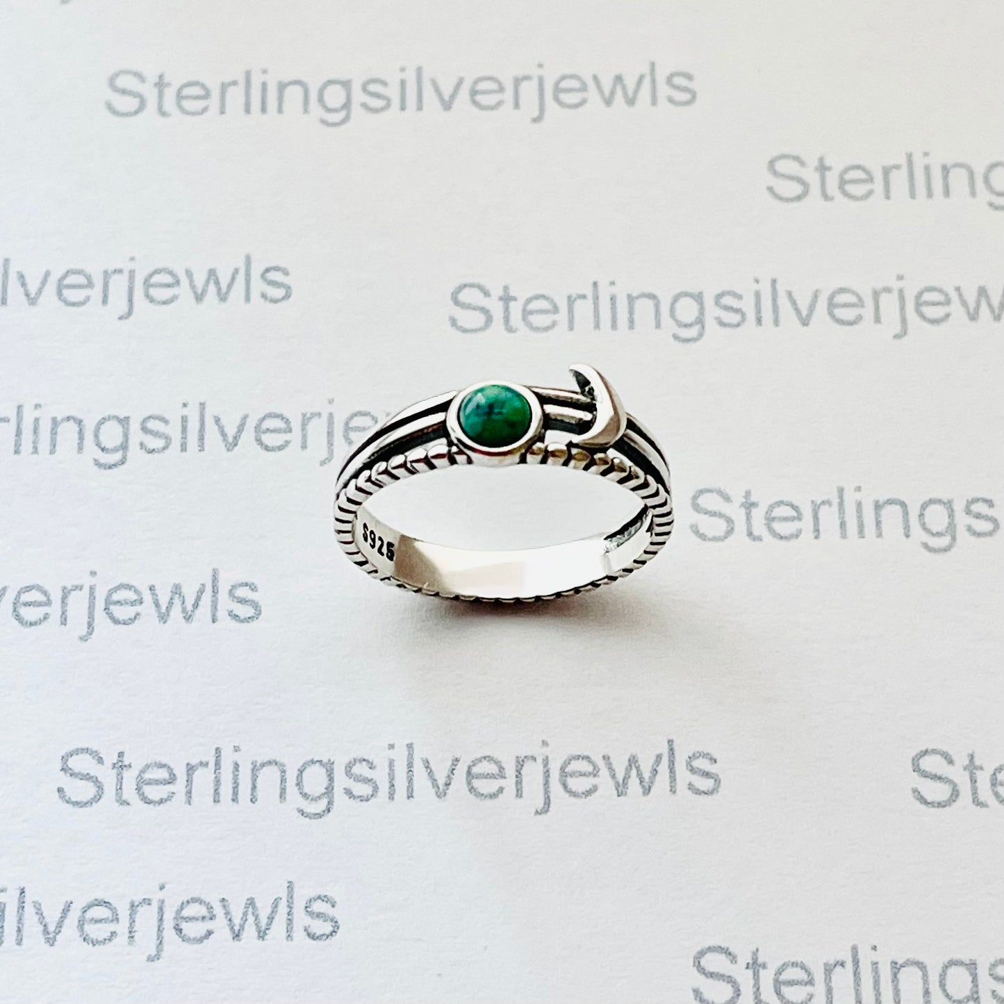 Sterling Silver Triple Band with Genuine Turquoise Full Moon and Crescent Moon Ring, Celestial Silver  Ring