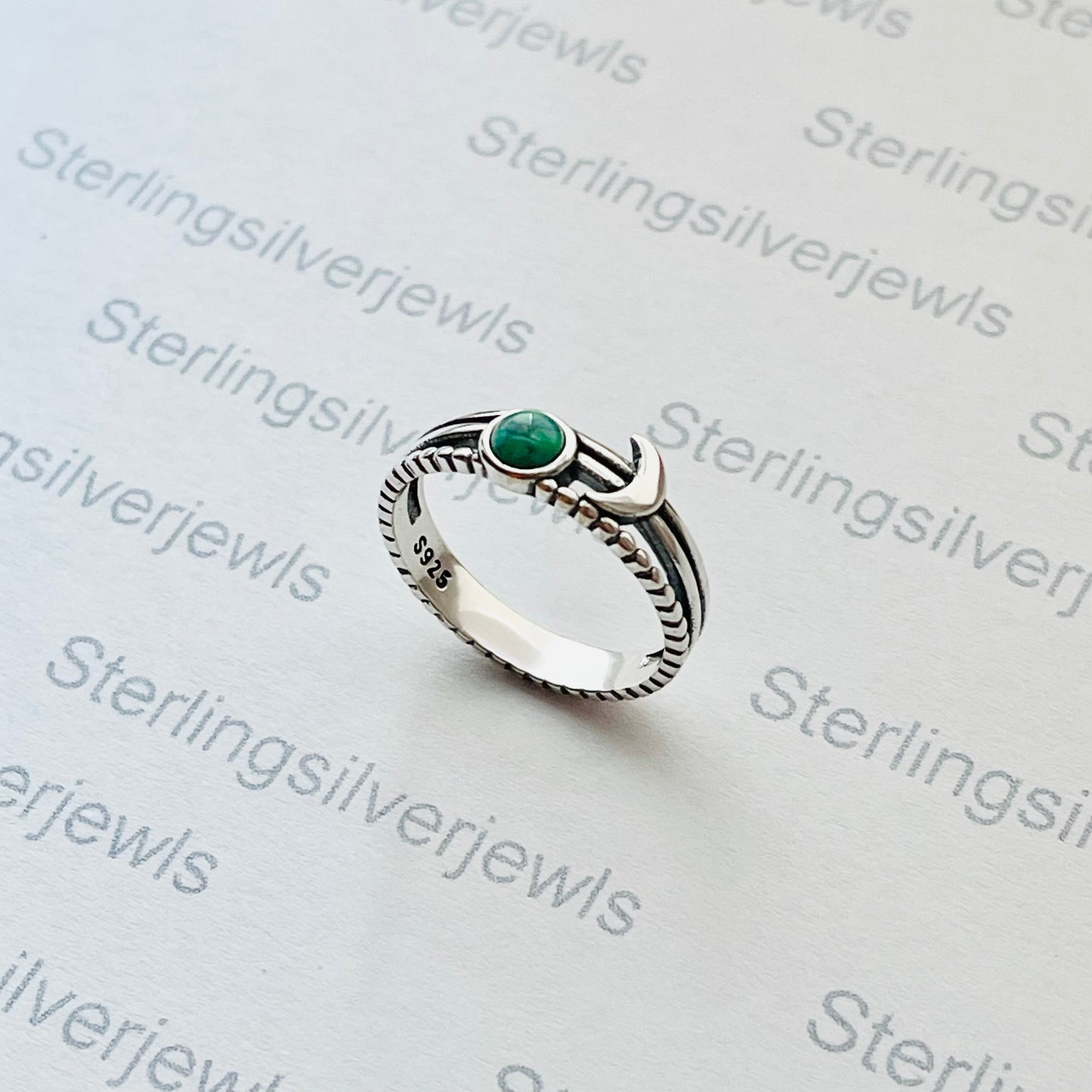 Sterling Silver Triple Band with Genuine Turquoise Full Moon and Crescent Moon Ring, Celestial Silver  Ring