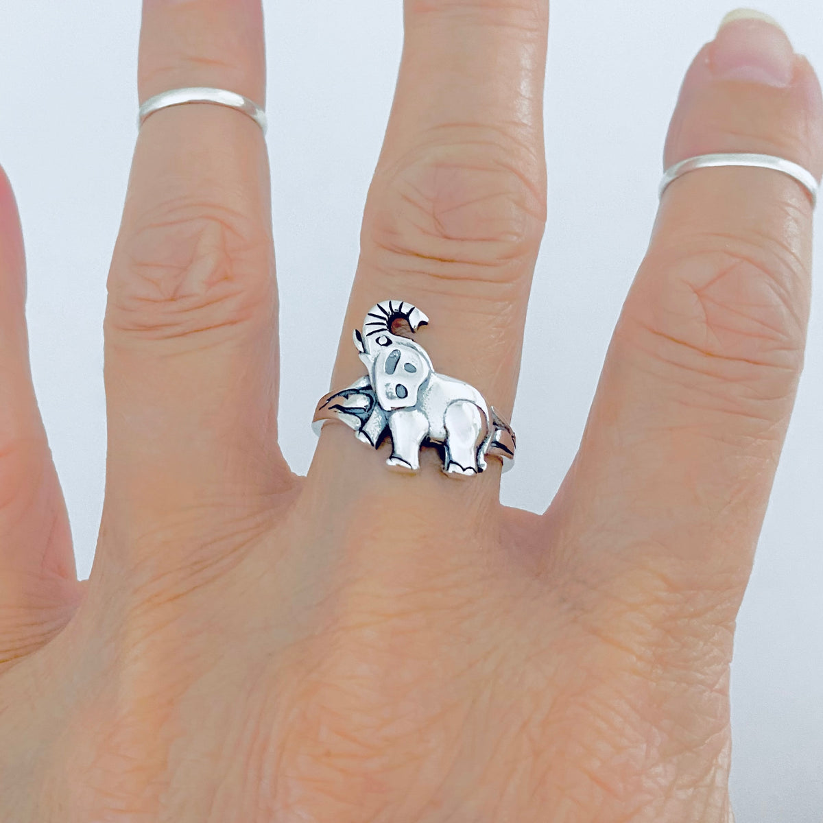 925 Sterling Silver Statement Trunk Up Elephant Ring | Good Luck Spirit Animal Silver Rings