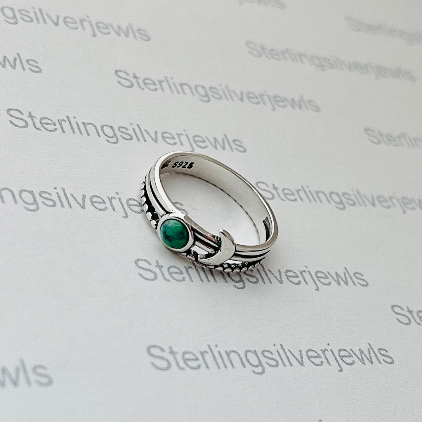 Sterling Silver Triple Band with Genuine Turquoise Full Moon and Crescent Moon Ring, Celestial Silver  Ring