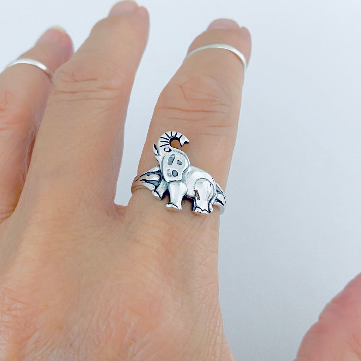 925 Sterling Silver Statement Trunk Up Elephant Ring | Good Luck Spirit Animal Silver Rings