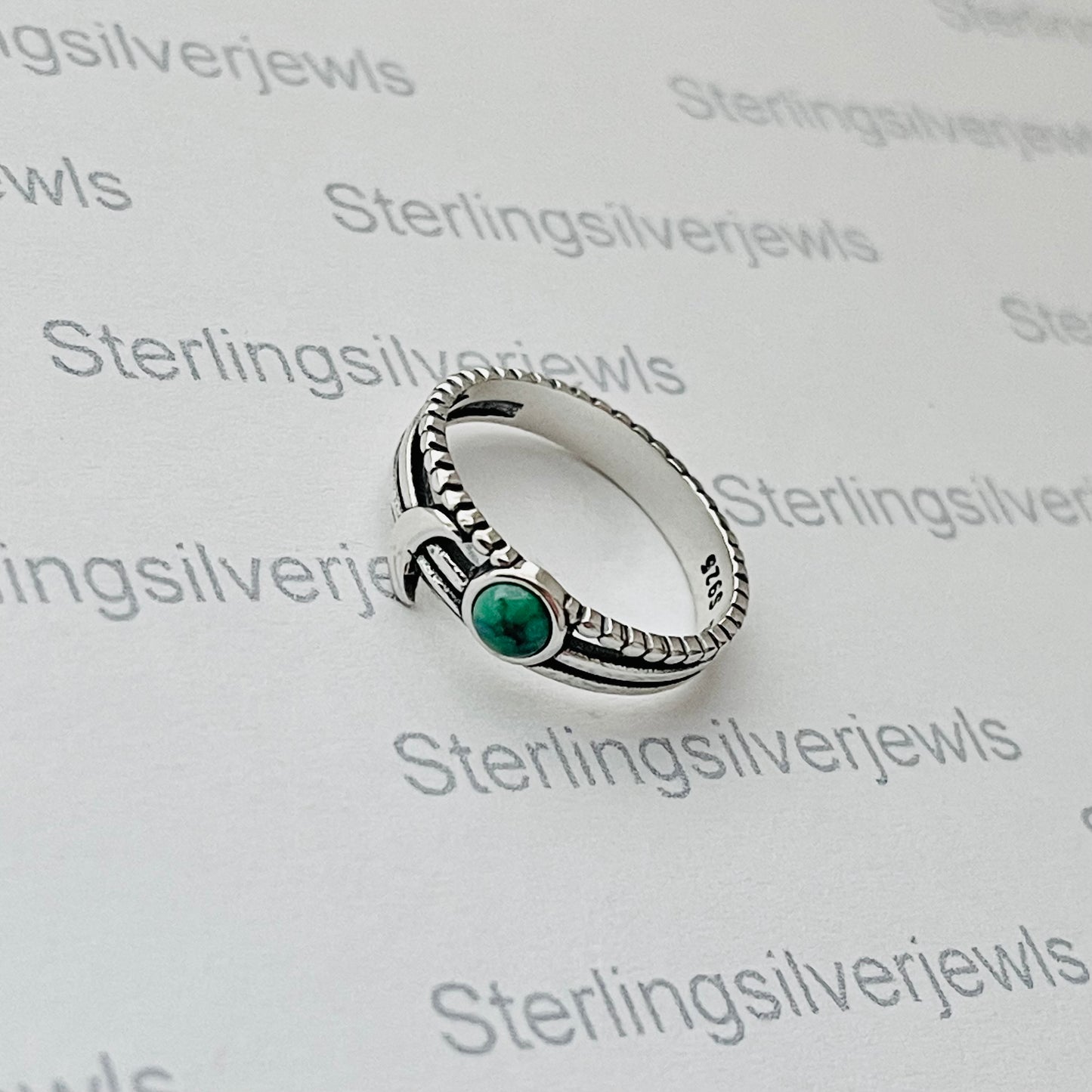 Sterling Silver Triple Band with Genuine Turquoise Full Moon and Crescent Moon Ring, Celestial Silver  Ring