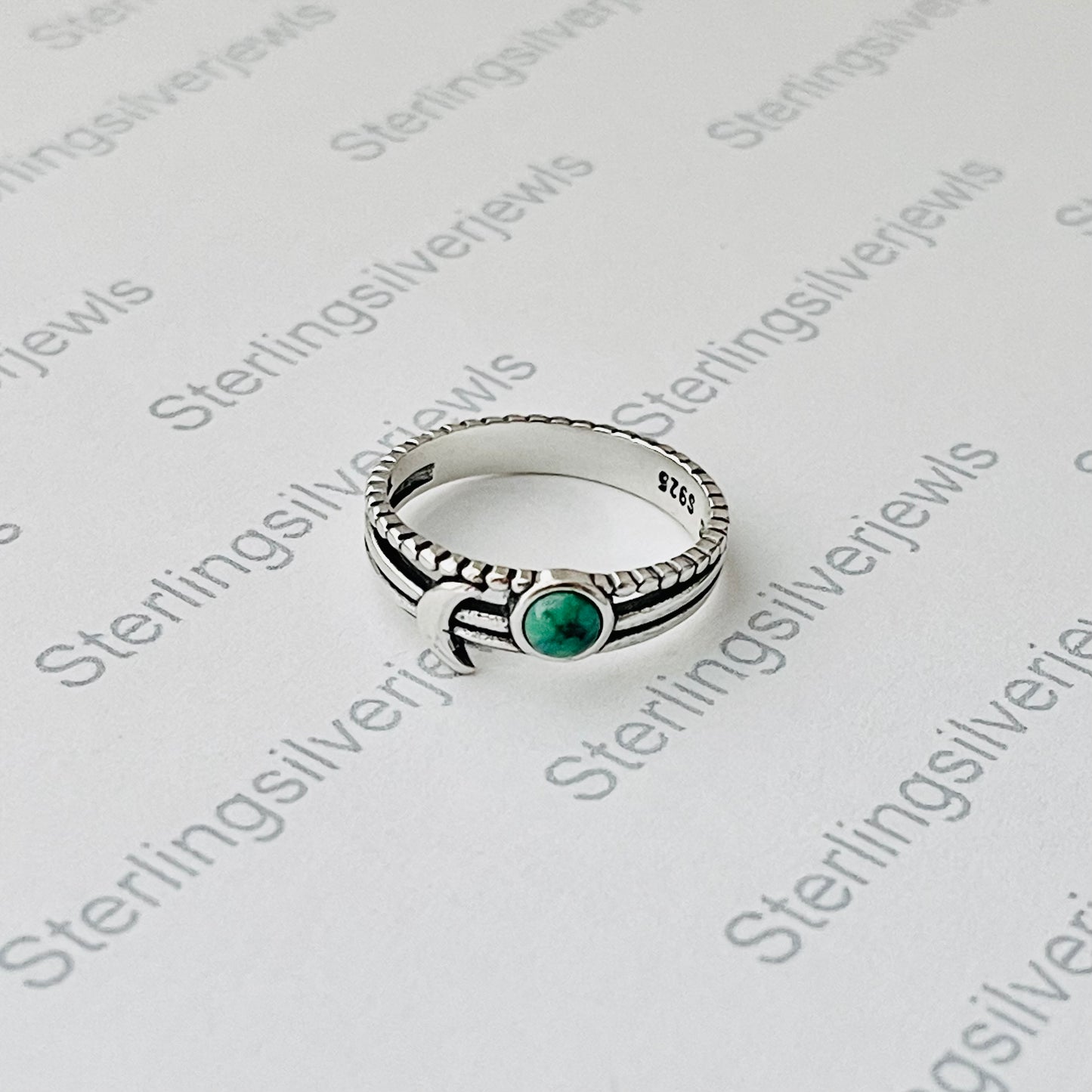 Sterling Silver Triple Band with Genuine Turquoise Full Moon and Crescent Moon Ring, Celestial Silver  Ring