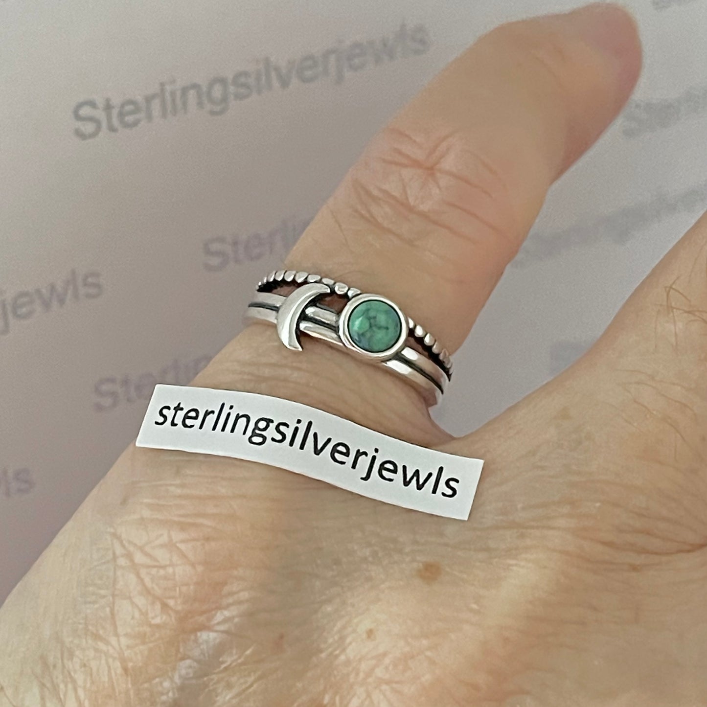 Sterling Silver Triple Band with Genuine Turquoise Full Moon and Crescent Moon Ring, Celestial Silver  Ring