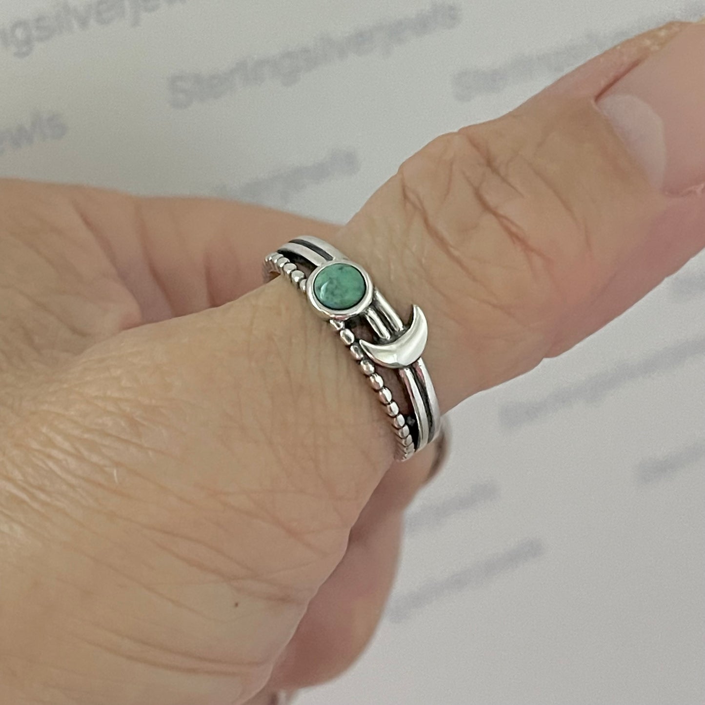 Sterling Silver Triple Band with Genuine Turquoise Full Moon and Crescent Moon Ring, Celestial Silver  Ring