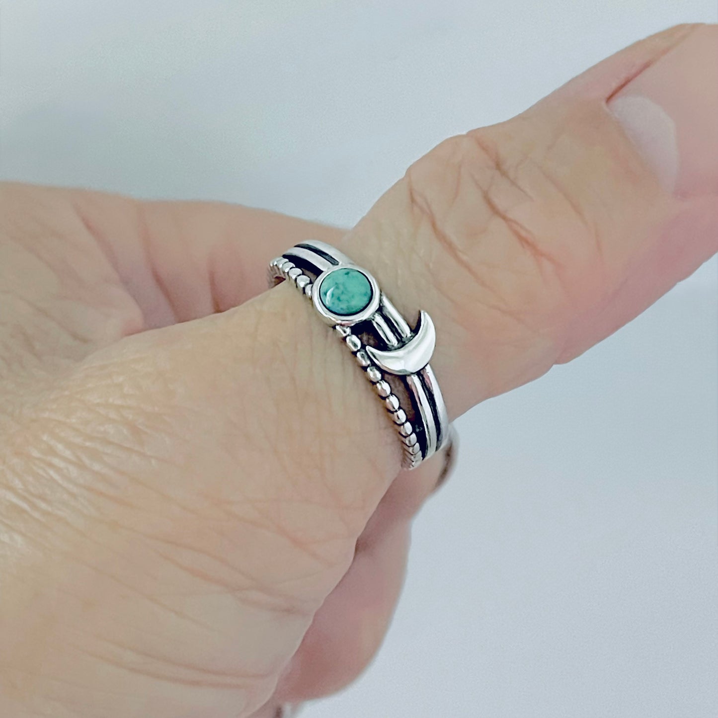 925 Sterling Silver Genuine Turquoise Full Moon and Crescent Moon Ring | Triple Band Celestial Silver Rings