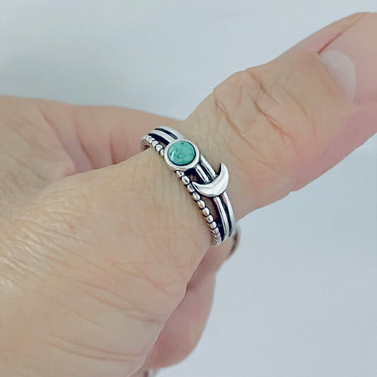 925 Sterling Silver Genuine Turquoise Full Moon and Crescent Moon Ring | Triple Band Celestial Silver Rings