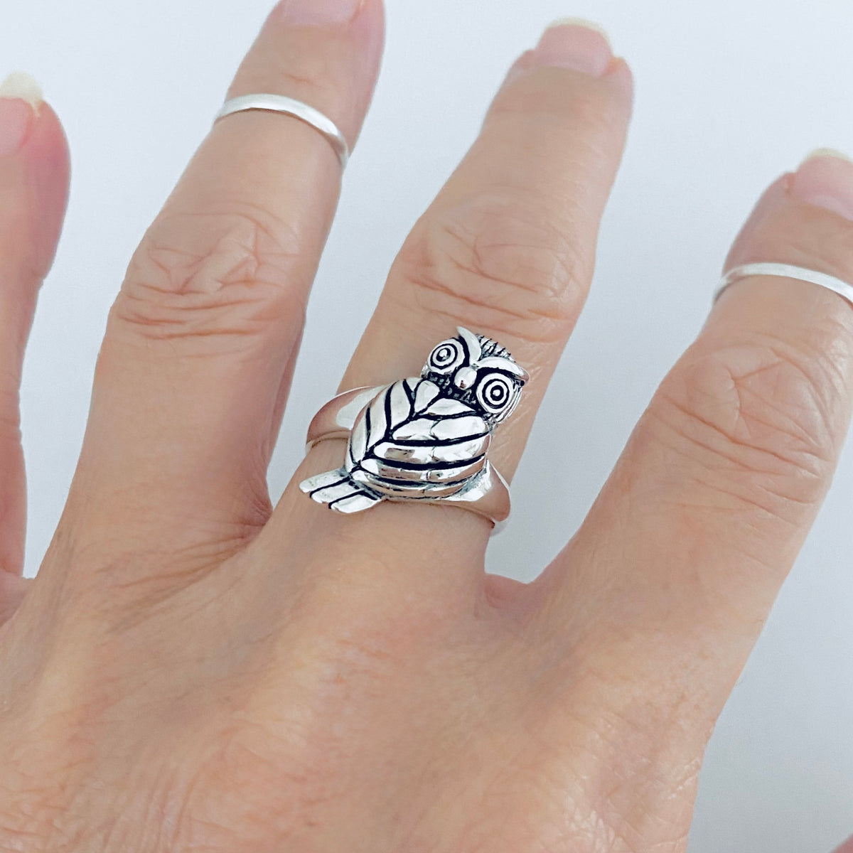 925 Sterling Silver Large Owl Ring | Feather Detail Spirit Bird Rings