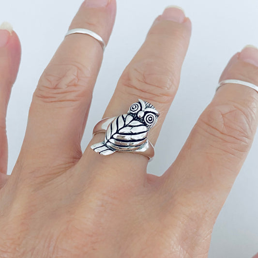 925 Sterling Silver Large Owl Ring | Feather Detail Spirit Bird Rings