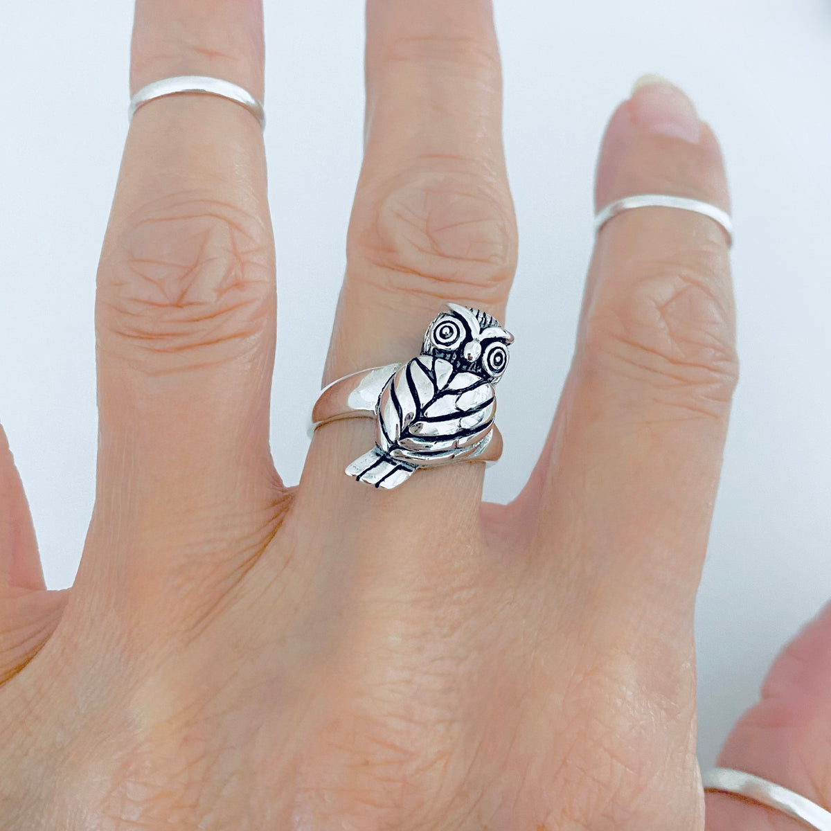 925 Sterling Silver Large Owl Ring | Feather Detail Spirit Bird Rings