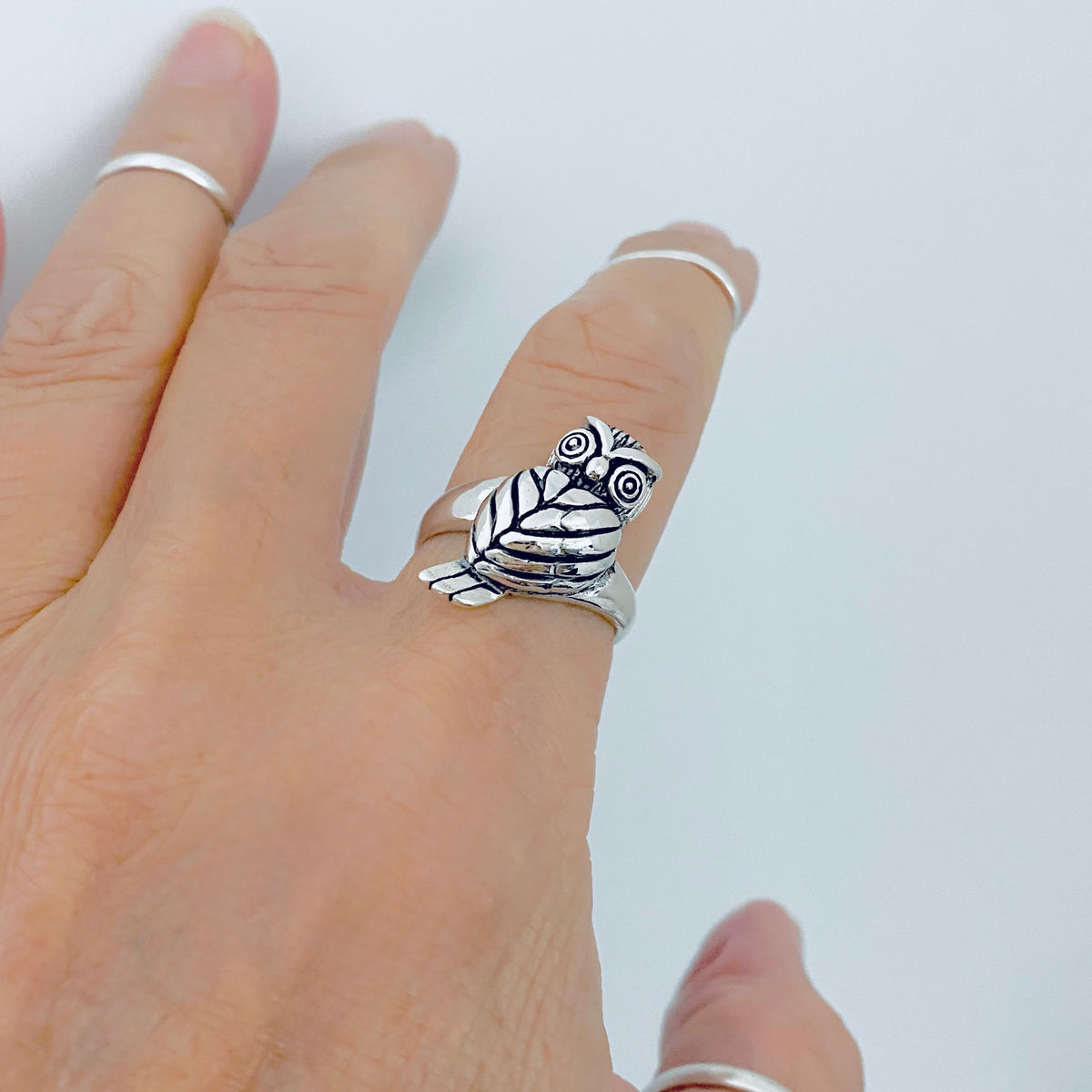 925 Sterling Silver Large Owl Ring | Feather Detail Spirit Bird Rings