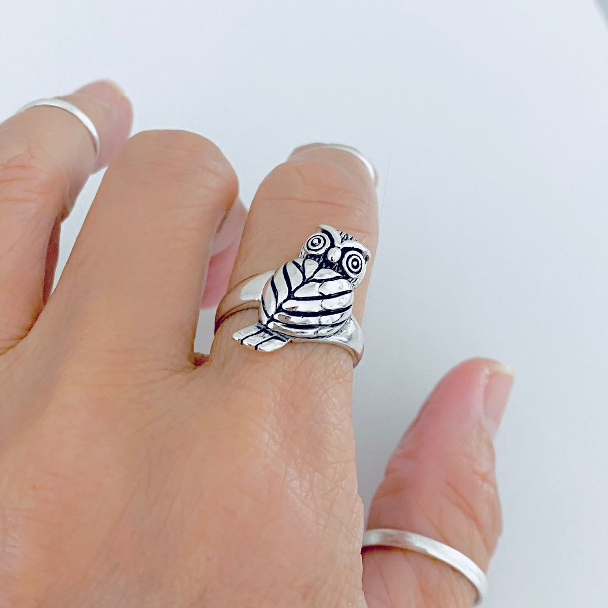 925 Sterling Silver Large Owl Ring | Feather Detail Spirit Bird Rings