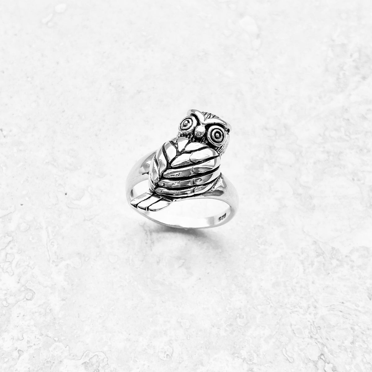 925 Sterling Silver Large Owl Ring | Feather Detail Spirit Bird Rings