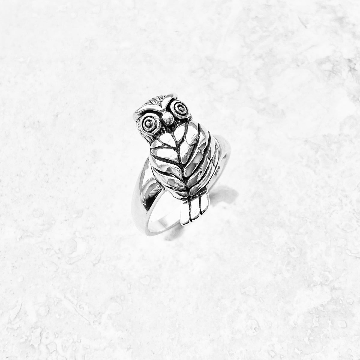 925 Sterling Silver Large Owl Ring | Feather Detail Spirit Bird Rings