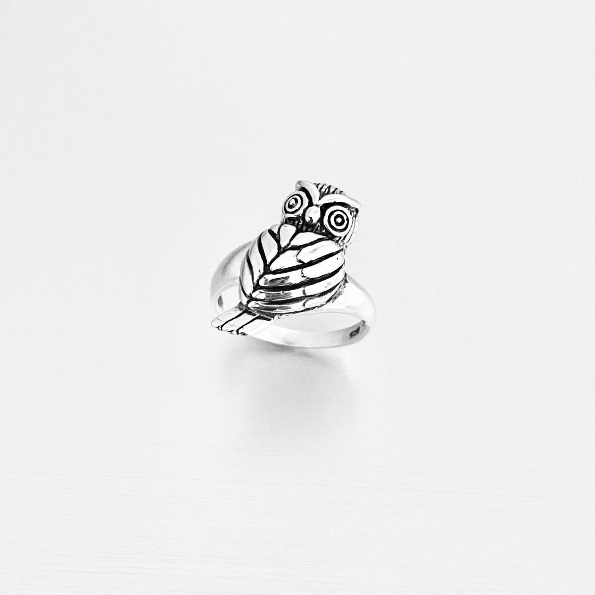 925 Sterling Silver Large Owl Ring | Feather Detail Spirit Bird Rings