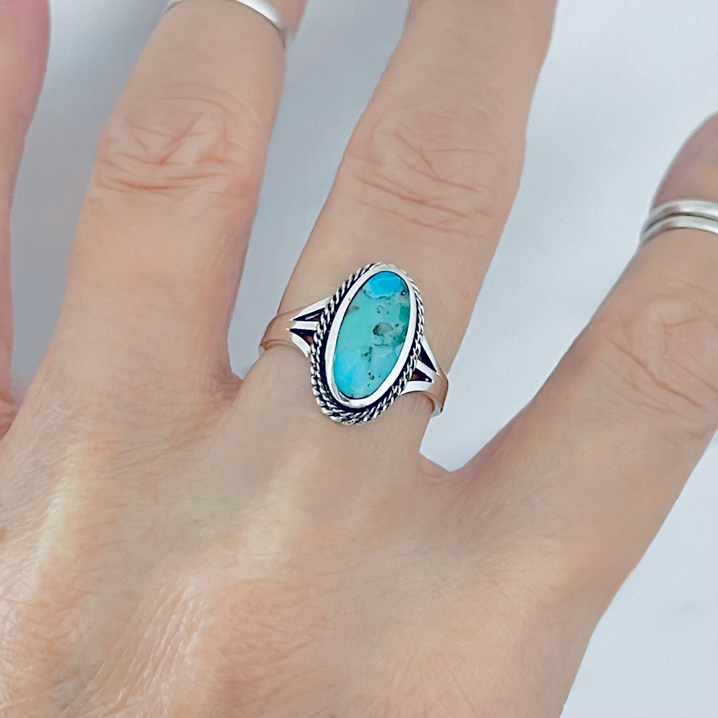 Sterling Silver Medium Oval Genuine Turquoise Ring with Braid Detail, Statement Stone Jewelry