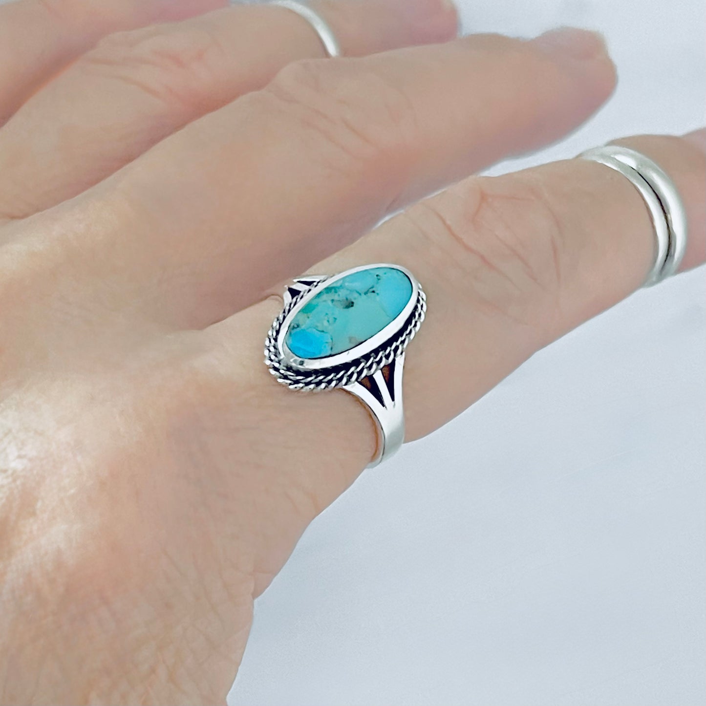 Sterling Silver Medium Oval Genuine Turquoise Ring with Braid Detail, Statement Stone Jewelry