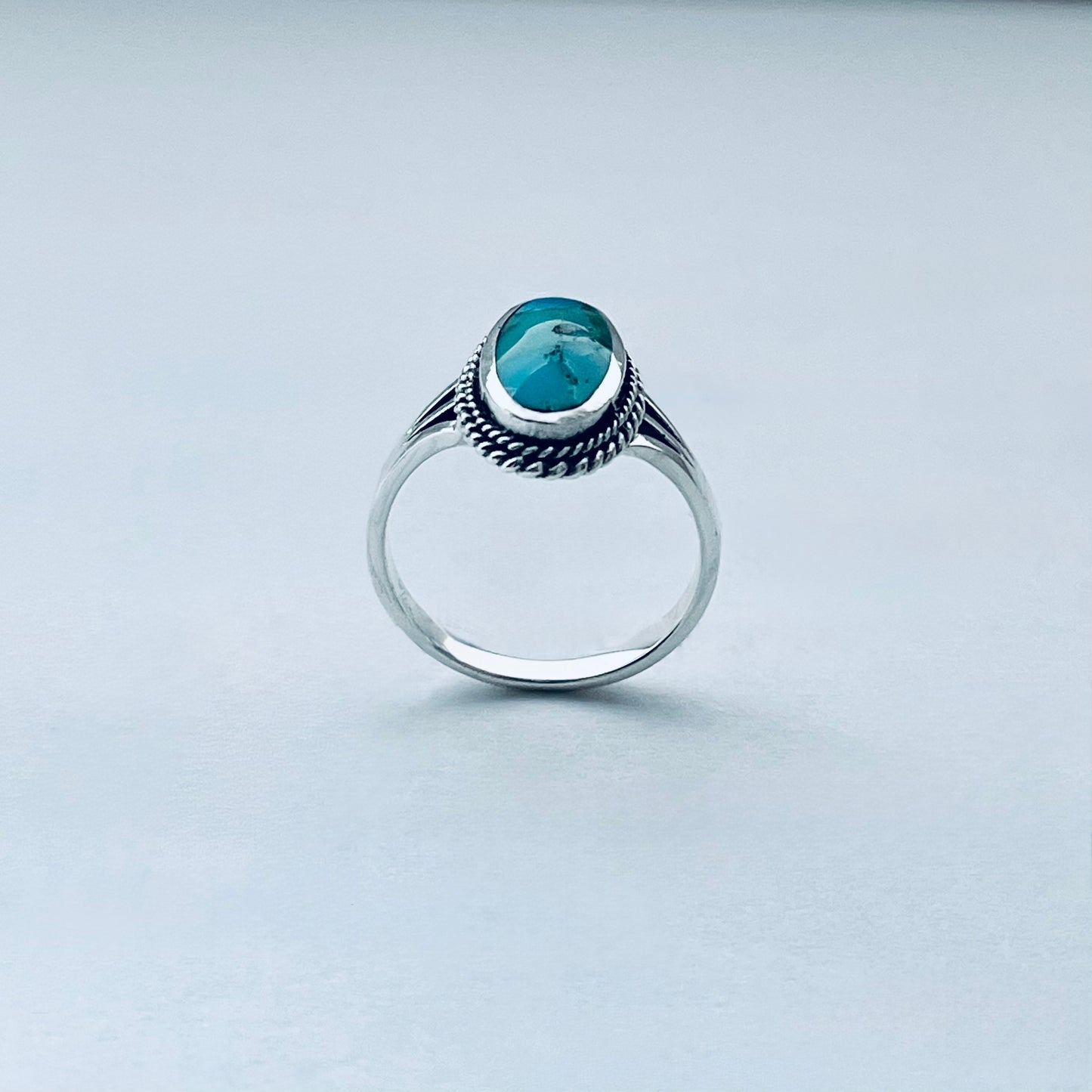 Sterling Silver Medium Oval Genuine Turquoise Ring with Braid Detail, Statement Stone Jewelry