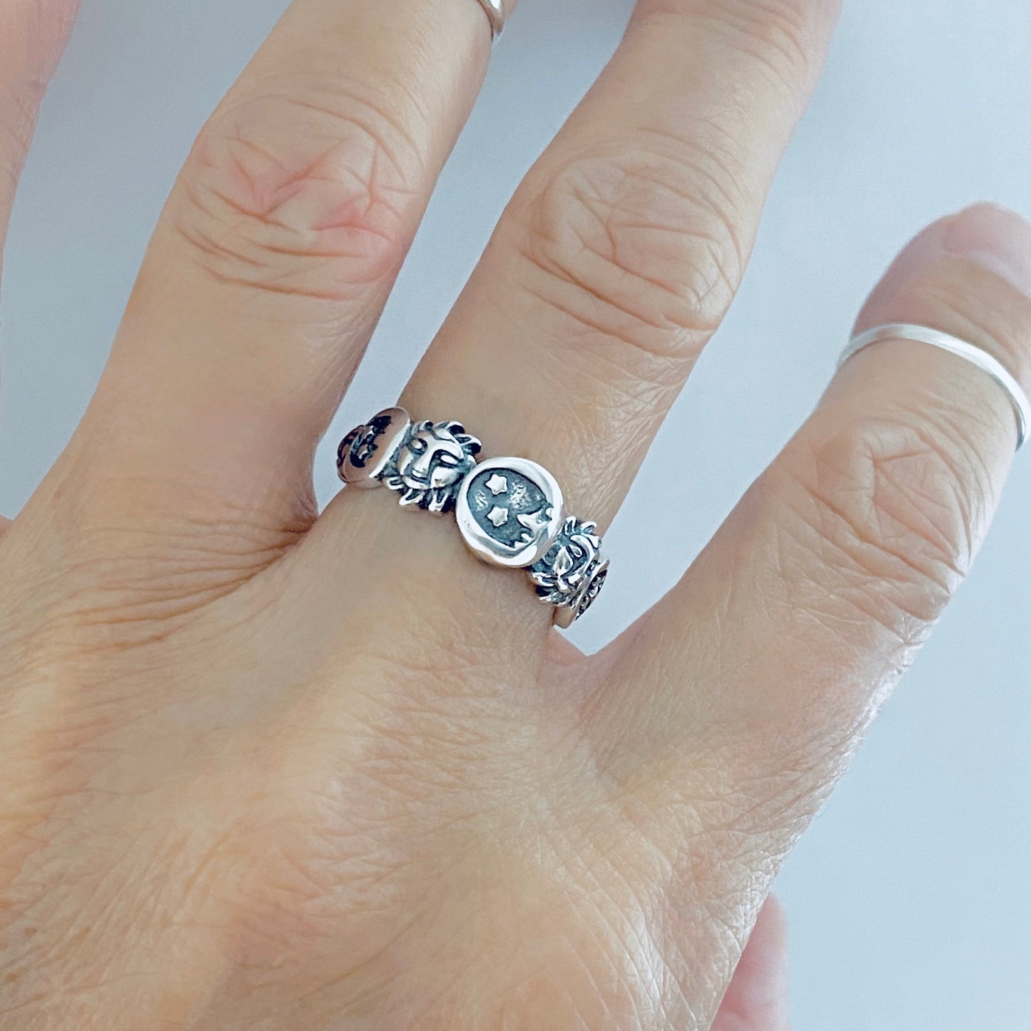 Sterling Silver Celestial Ring: Moon, Sun and Star Jewelry