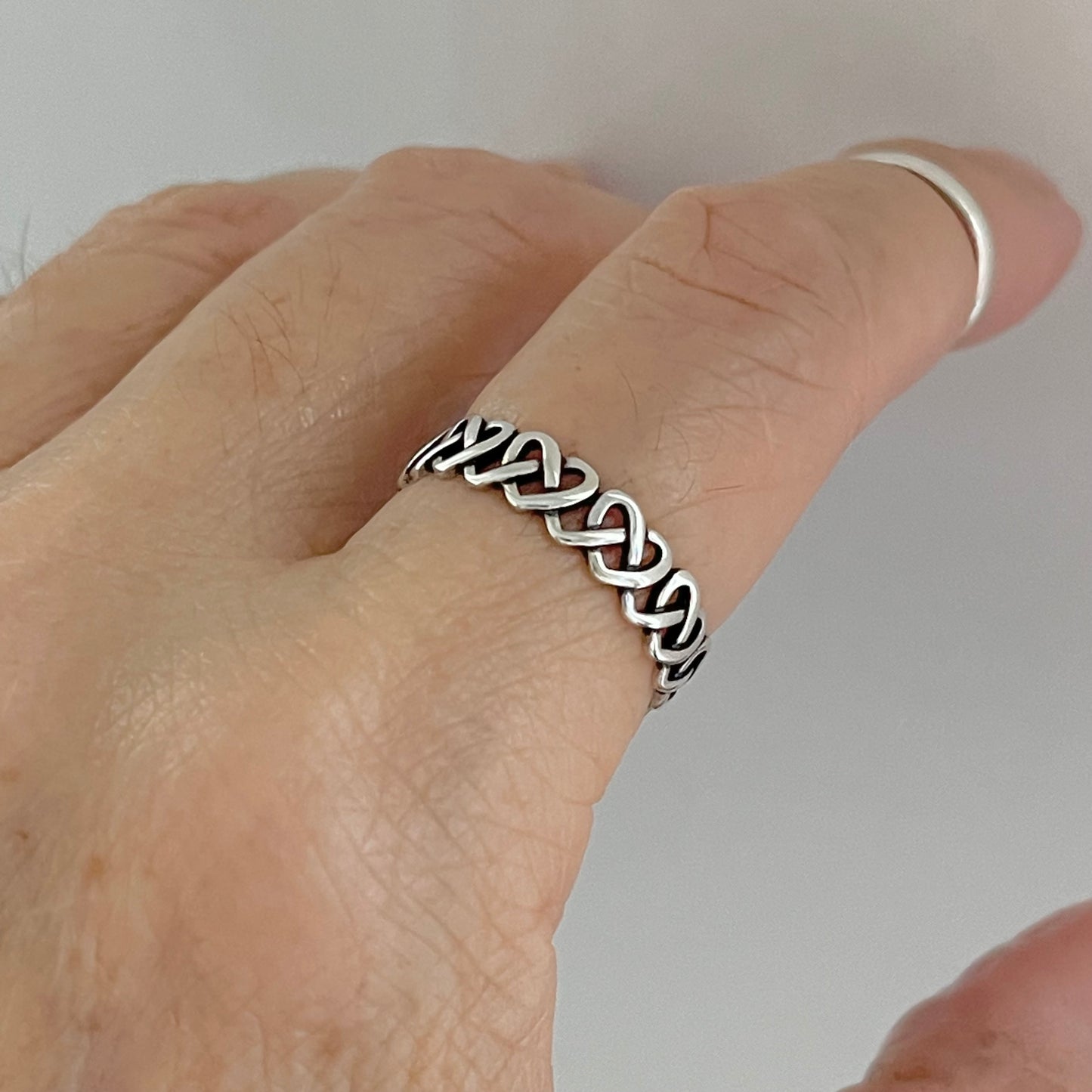 Sterling Silver Thin and Delicate Eternity Pretzel Knot Band, Heart Wedding Bands, Love Knots Ring