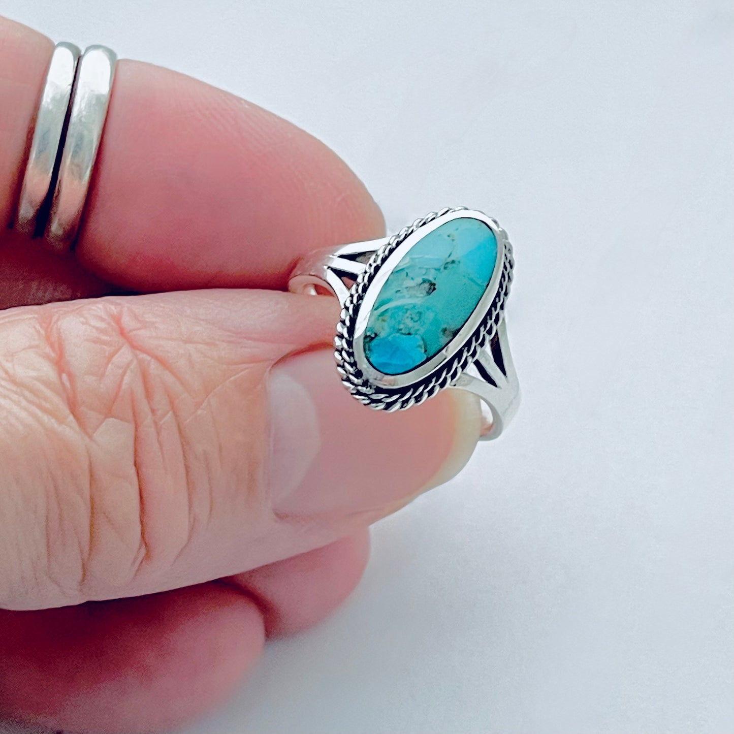 Sterling Silver Medium Oval Genuine Turquoise Ring with Braid Detail, Statement Stone Jewelry