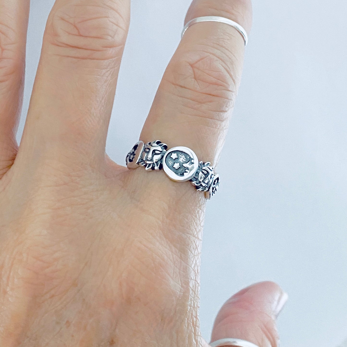 Sterling Silver Celestial Ring: Moon, Sun and Star Jewelry