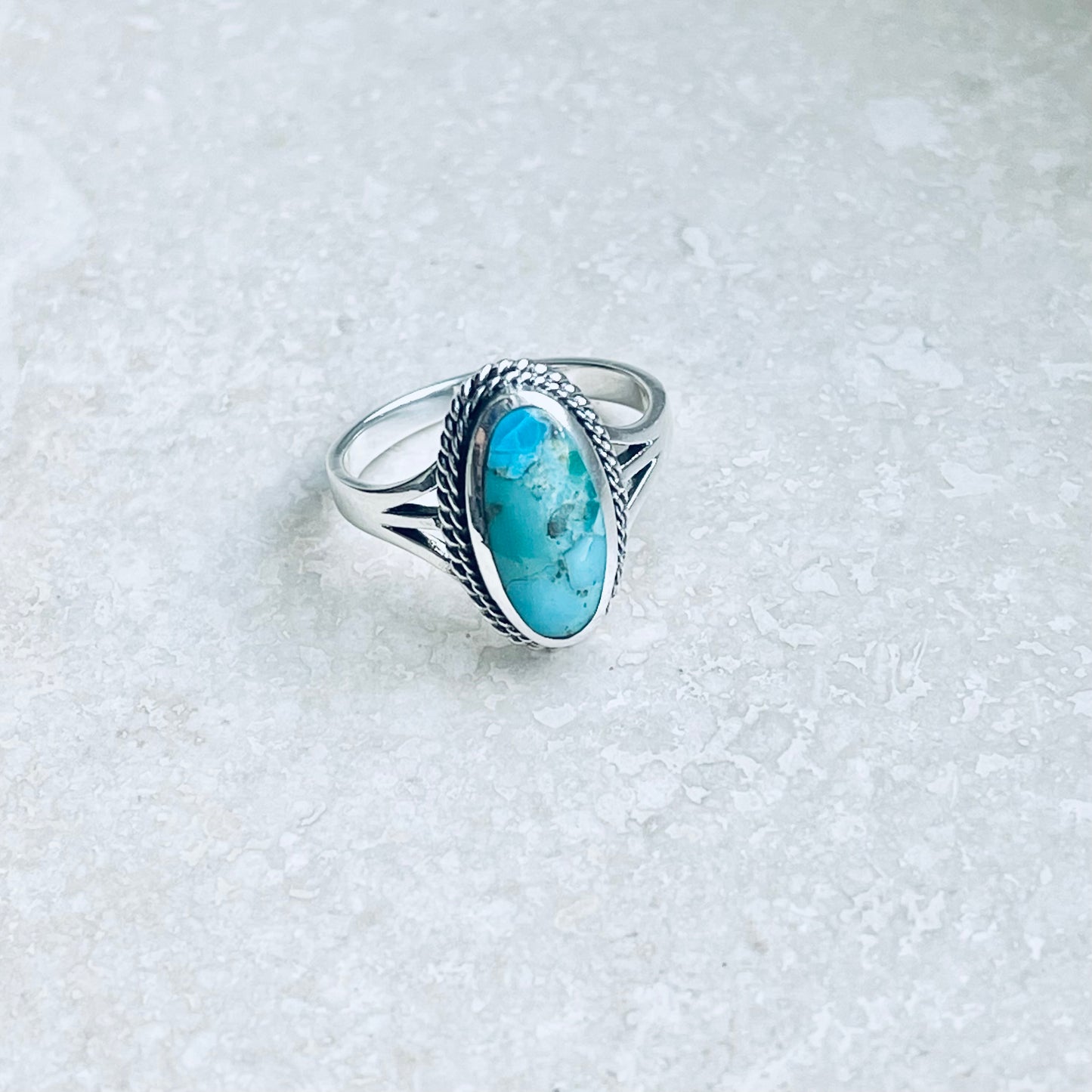 Sterling Silver Medium Oval Genuine Turquoise Ring with Braid Detail, Statement Stone Jewelry