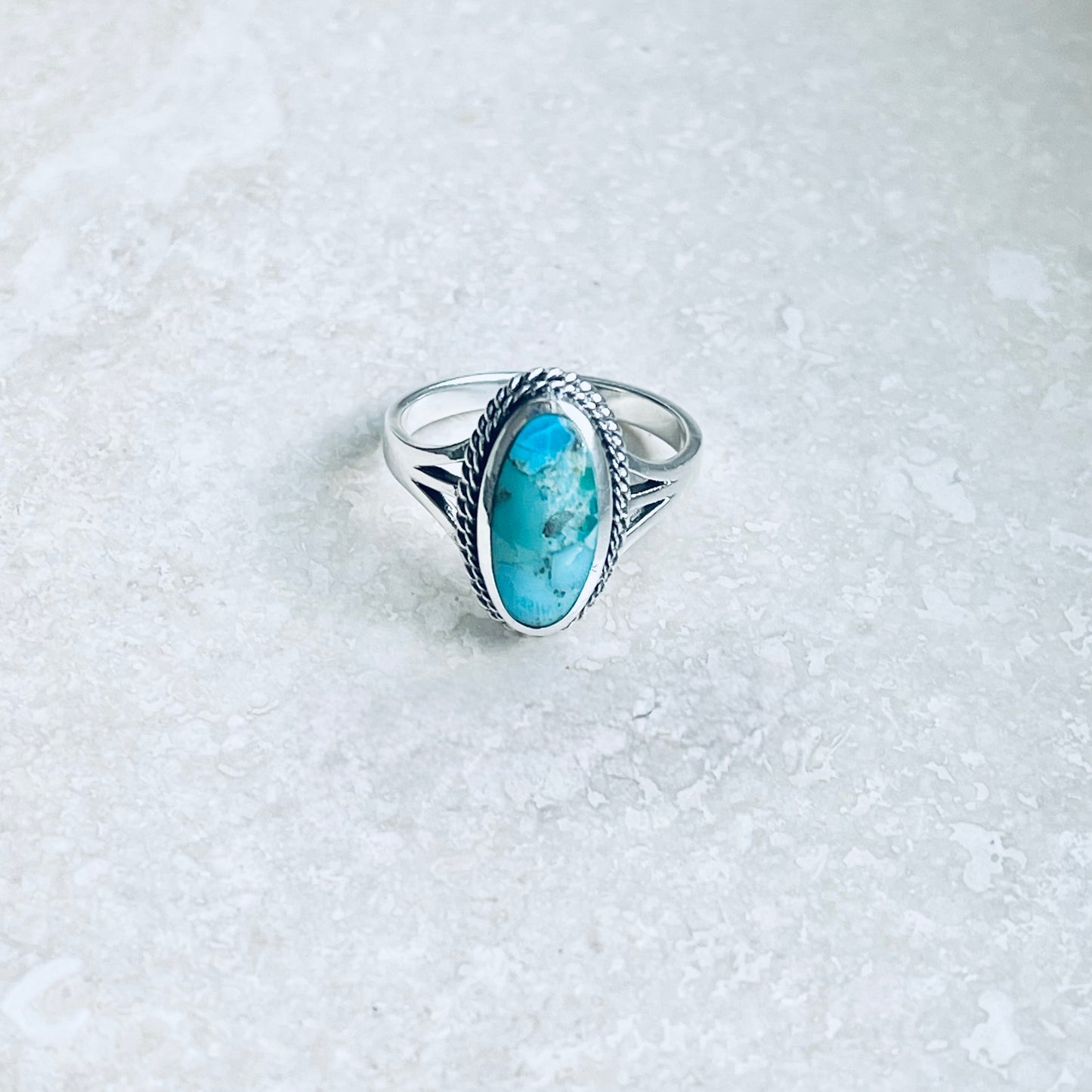 Sterling Silver Medium Oval Genuine Turquoise Ring with Braid Detail, Statement Stone Jewelry