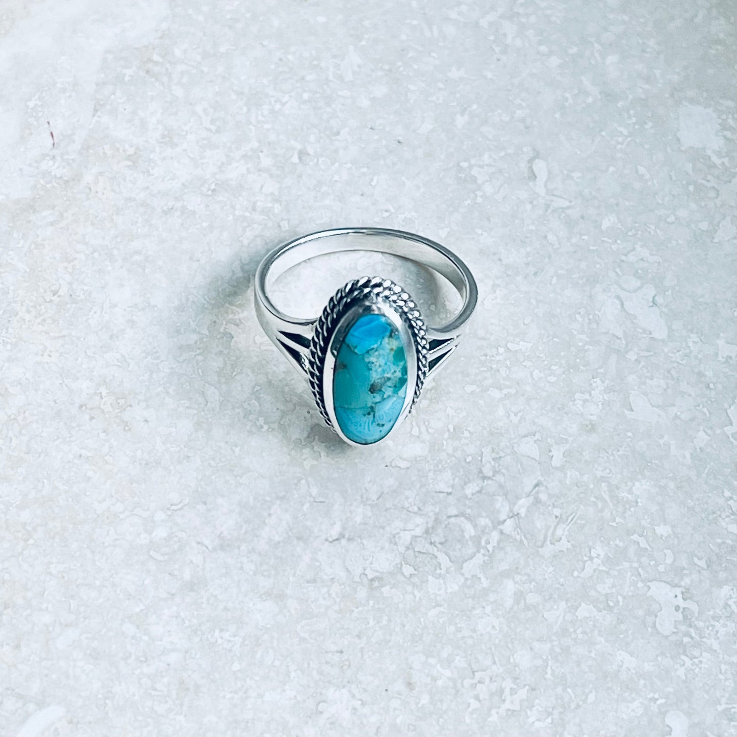 Sterling Silver Medium Oval Genuine Turquoise Ring with Braid Detail, Statement Stone Jewelry