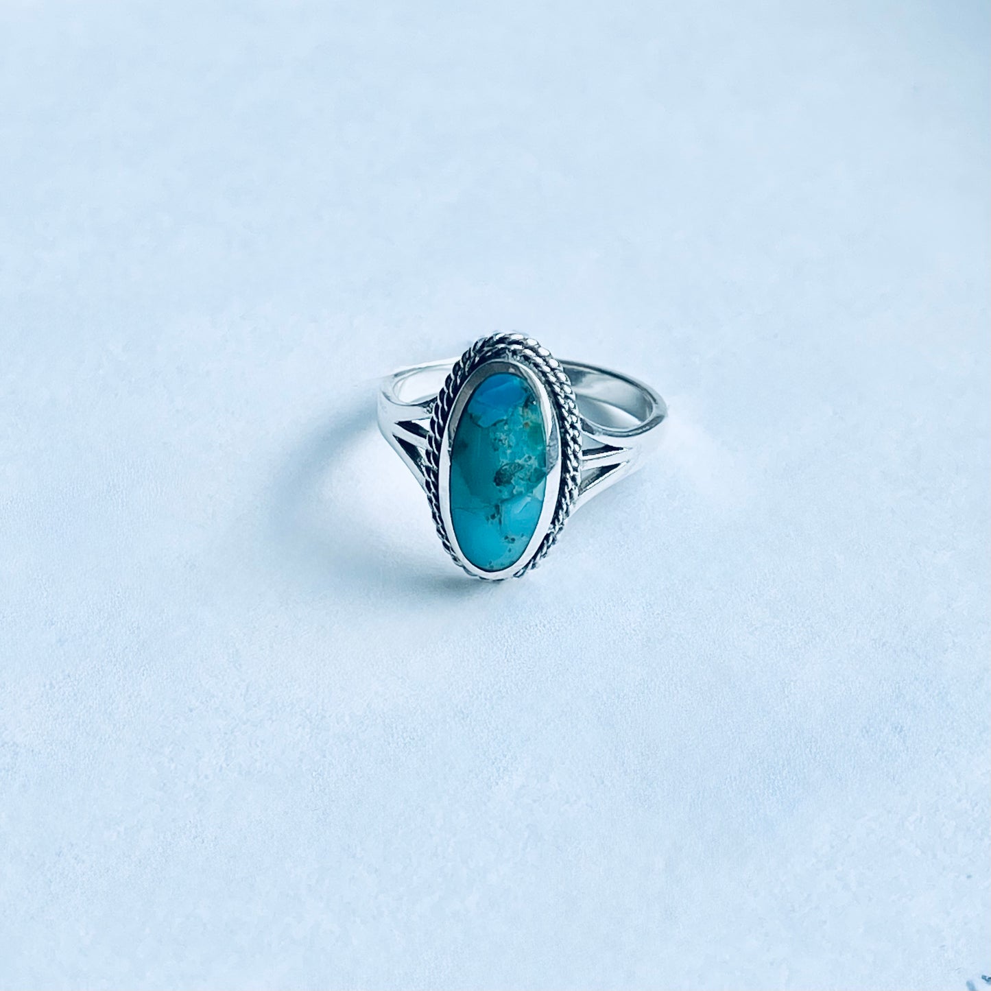 Sterling Silver Medium Oval Genuine Turquoise Ring with Braid Detail, Statement Stone Jewelry