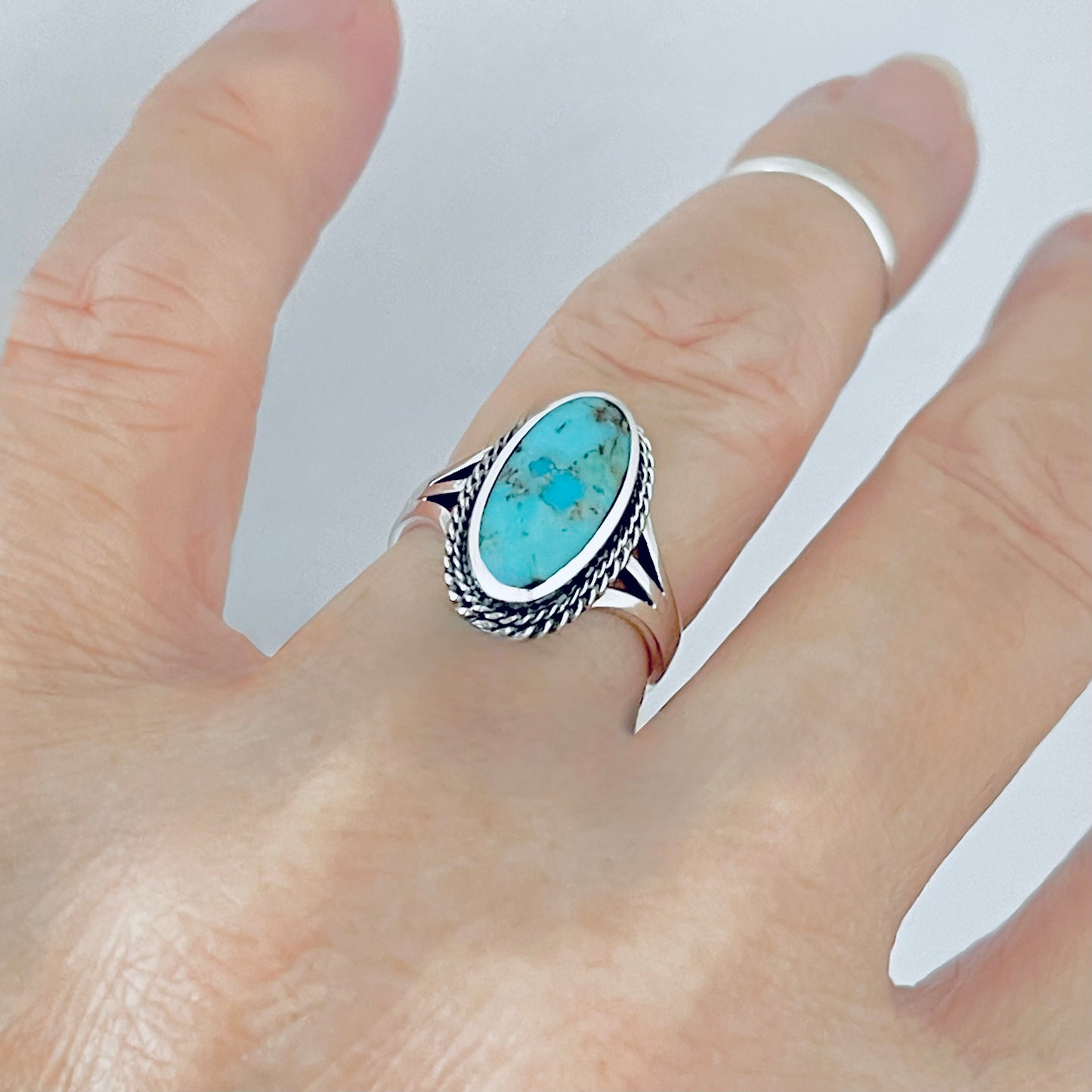 Sterling Silver Medium Oval Genuine Turquoise Ring with Braid Detail, Statement Stone Jewelry